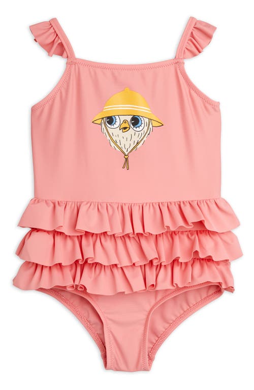 Mini Rodini Kids' Owl Ruffle One-Piece Swimsuit Pink Coral at Nordstrom,