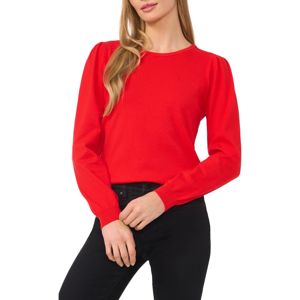 Shop Cece Puff Shoulder Sweater In Bright Cherry
