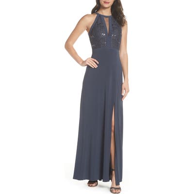 Morgan & Co. Lace & Jersey Gown, /4 - Grey