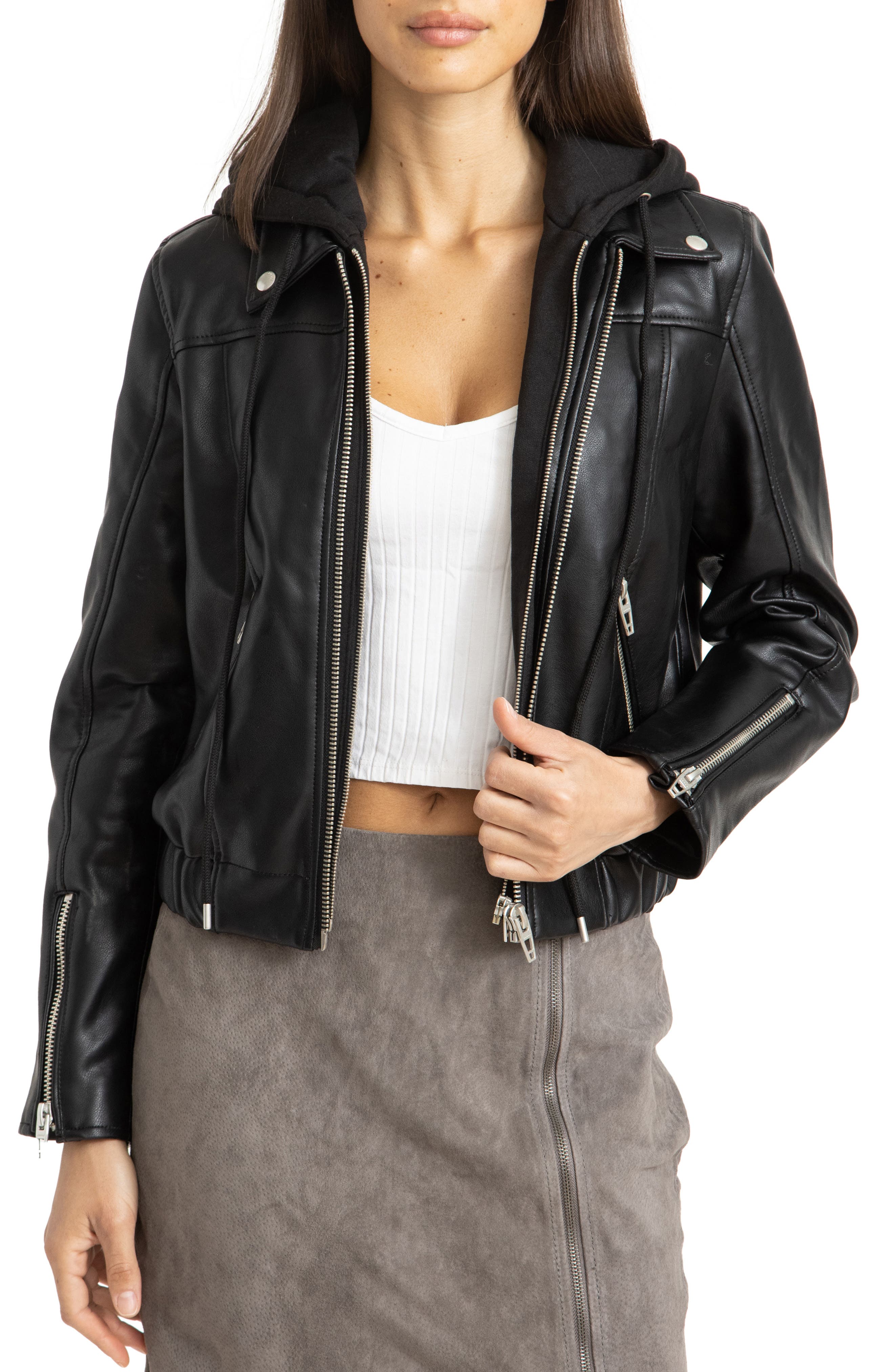 faux leather trim long hooded jacket blanknyc