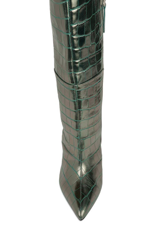 Black Suede Studio Tory Croc Embossed Knee High Boot In Silver Metallic Croc