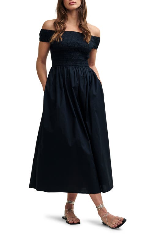 Amanda Off the Shoulder Smocked Bodice Organic Cotton Sundress in Black