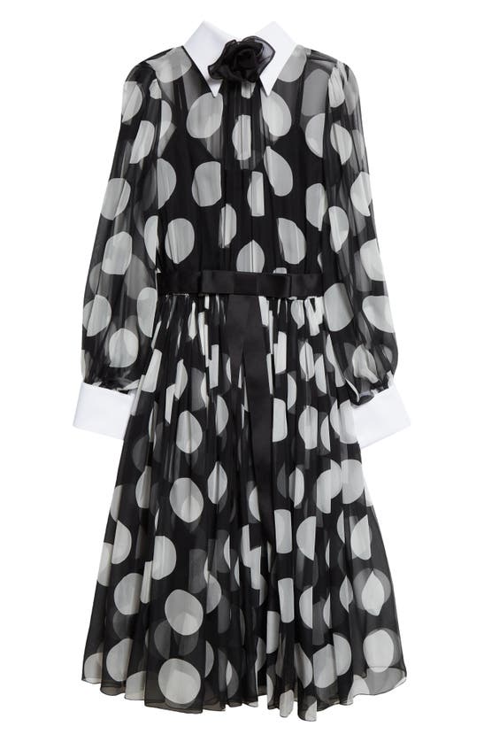 Shop Dolce & Gabbana Polka Dot Long Sleeve Belted Chiffon Midi Dress In Bianco Dot Nero