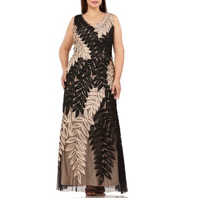 Plus Size Js Collections Two-Tone Embroidered Leaf Gown, Black