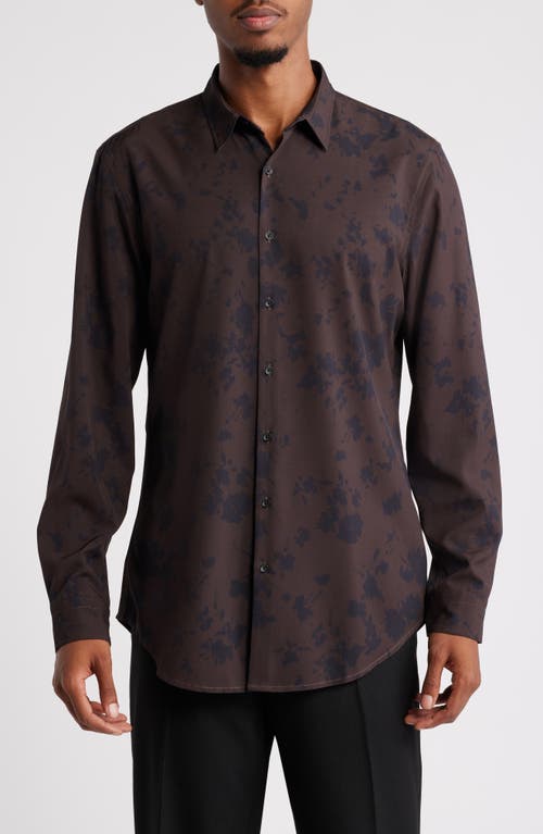 Open Edit Extra Trim Fit Floral Stretch Button-Up Shirt in Brown- Black Winded Floral 