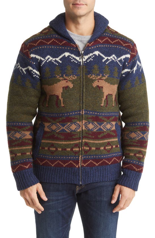 Shop Schott Moose Shawl Collar Wool Blend Sweater Jacket With Faux Shearling Lining In Multi
