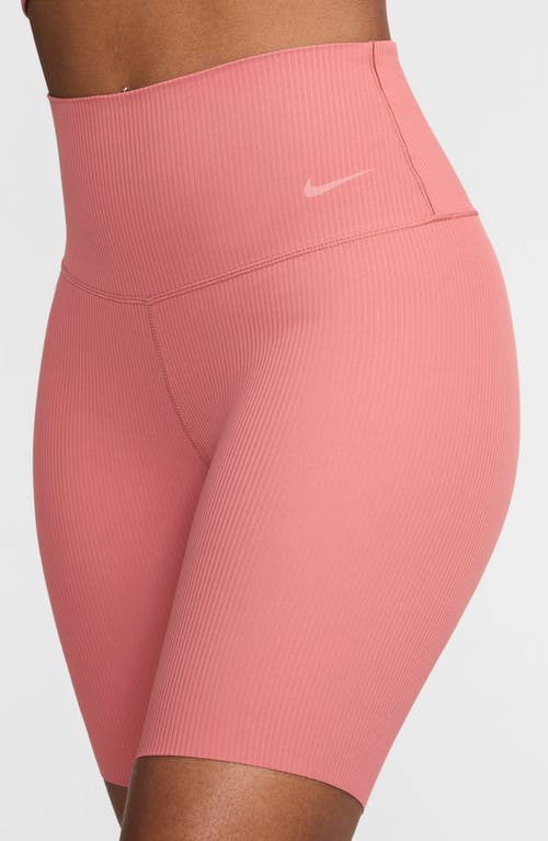 Shop Nike Zenvy Dri-fit High Waist Rib Bike Shorts In Canyon Pink/black