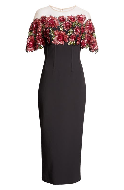 Shop Lela Rose Floral Embellished Bodice Body-con Dress In Black/pink