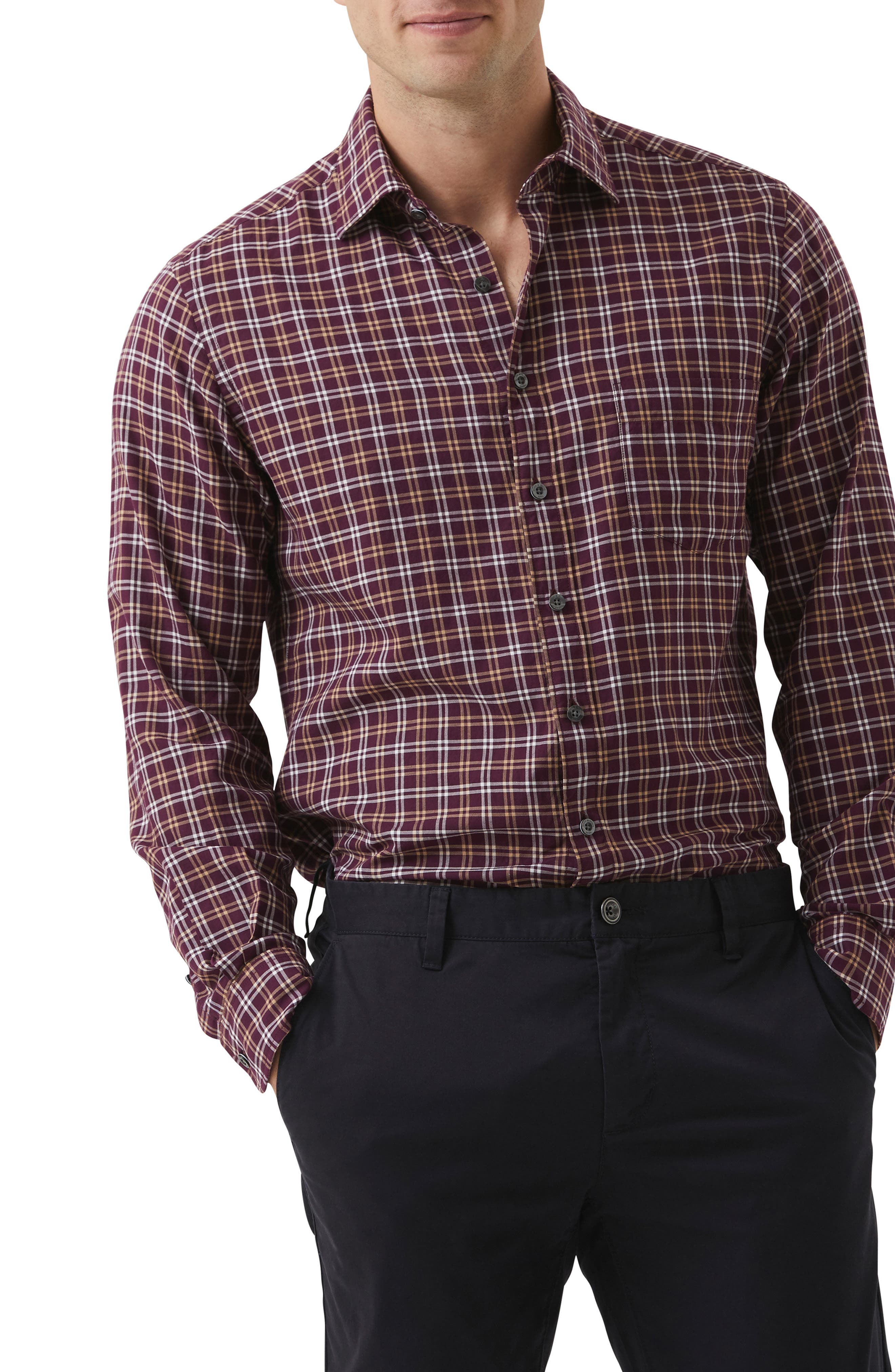 H.Wang Mens Long Sleeve Slim Fit Plaid Dress Shirt Flannel Button-Down Shirt