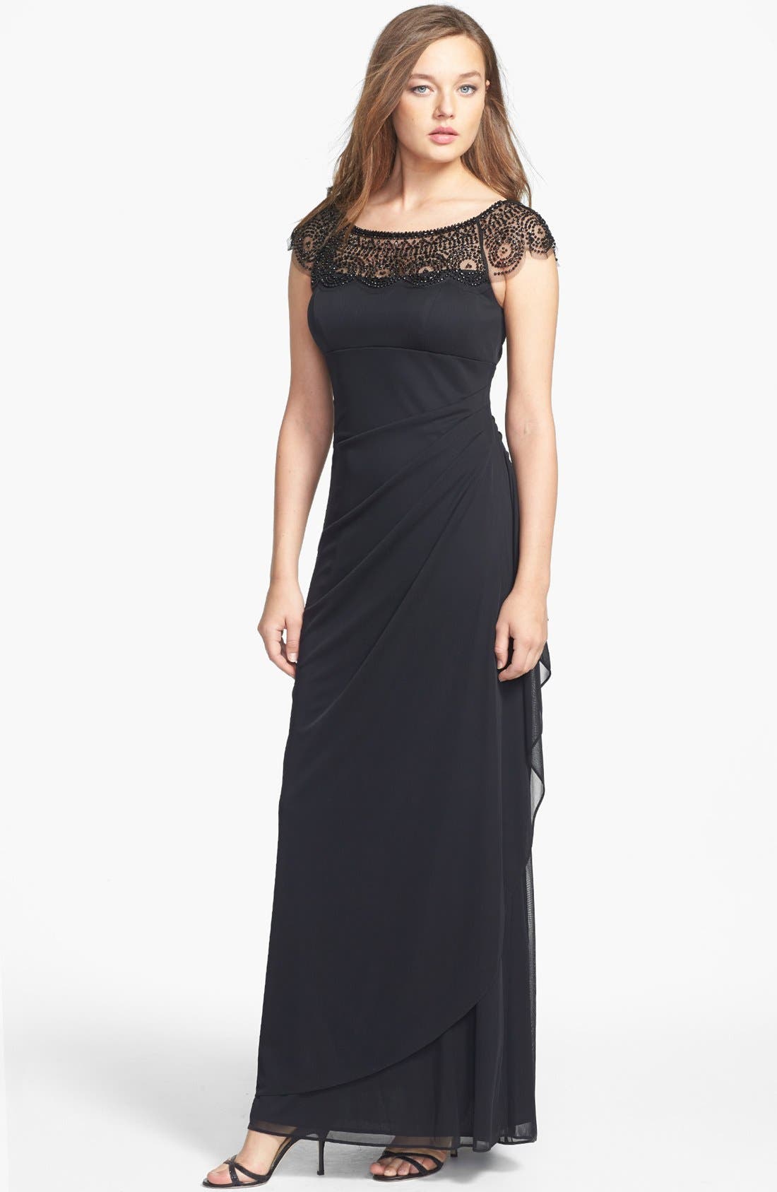 Xscape Beaded Yoke Drape Mesh Gown Nordstrom