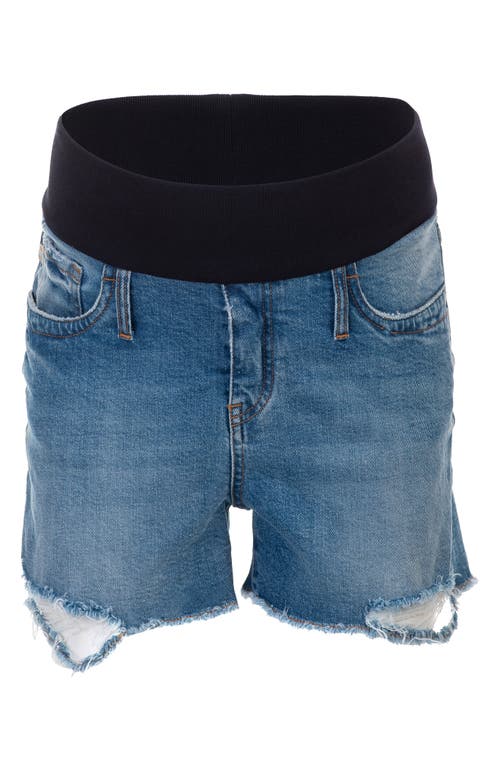 Shop Pietro Brunelli Distressed Maternity Denim Shorts In Medium Blue