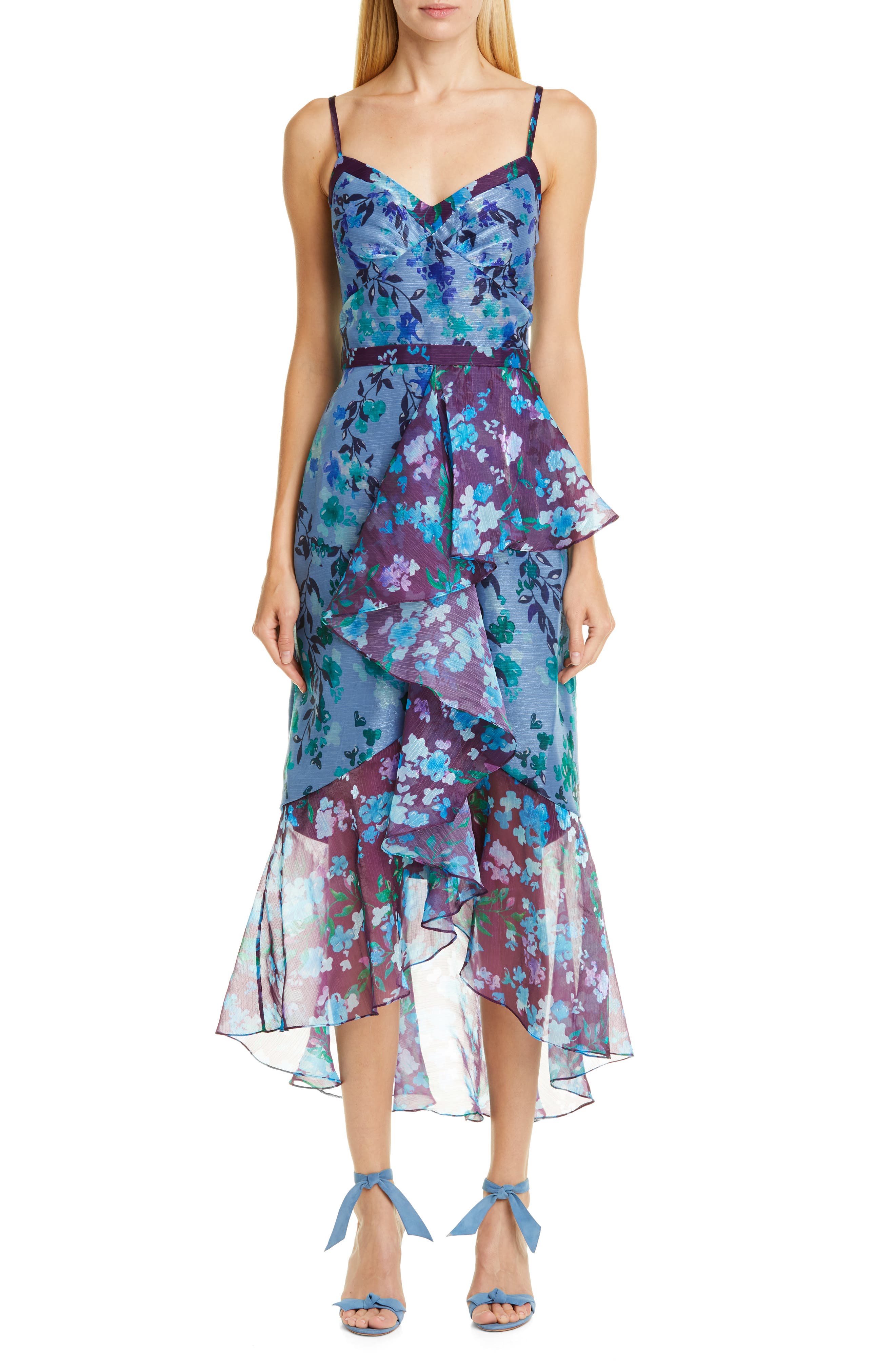 Marchesa Notte High/low Chiffon Midi Dress, Blue