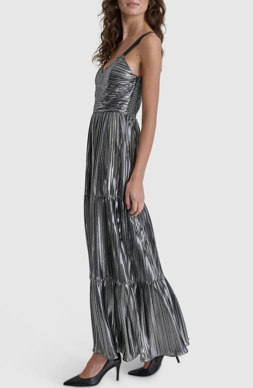 Shop Dkny Foil Plissé Sleeveless Maxi Dress In Silver