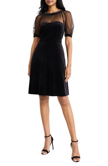 Maggy London Illusion Short Sleeve Velvet Fit & Flare Dress In Black