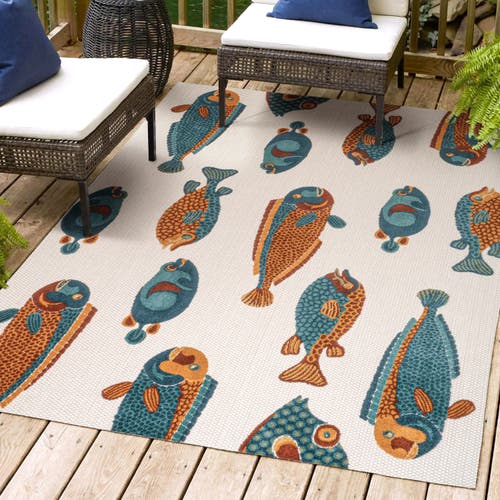 Shop Jonathan Y Algarve Modern Fish High-low Indoor/outdoor Area Rug In Navy/orange/cream