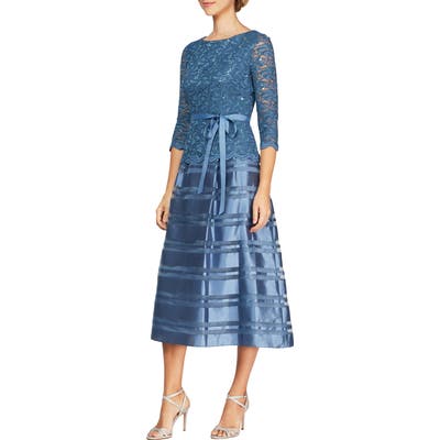 Alex Evenings Mixed Media Fit & Flare Dress, Blue