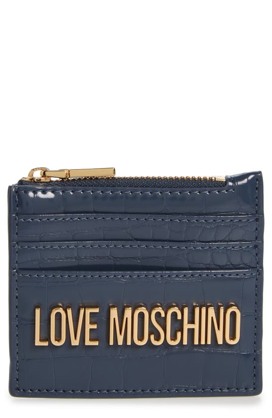 Love Moschino Croc Embossed Faux Leather Zip Card Wallet In Blue
