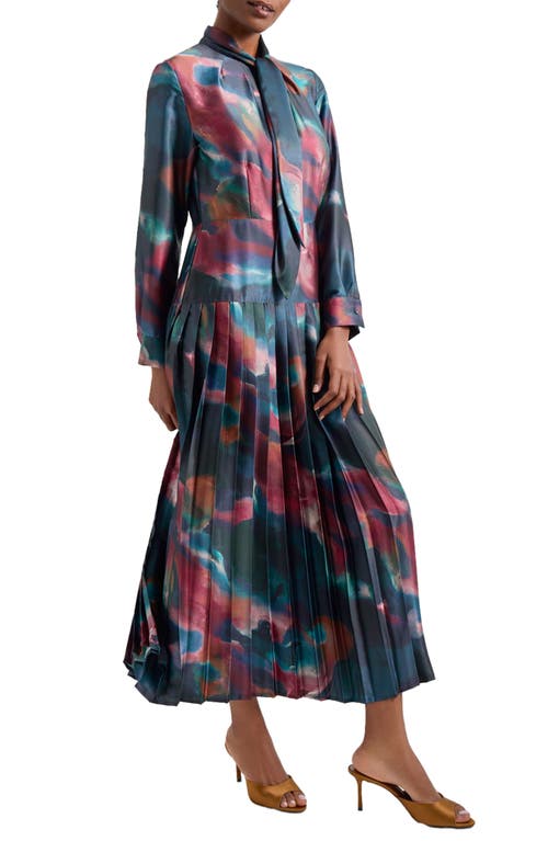 Shop Misook Tie Neck Long Sleeve Pleated Maxi Dress In Marine Teal/violet