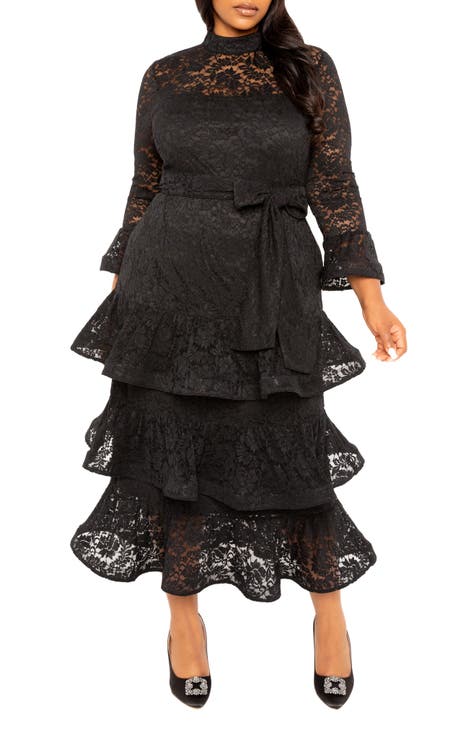 Tiered Lace Long Sleeve Maxi Dress (Plus)