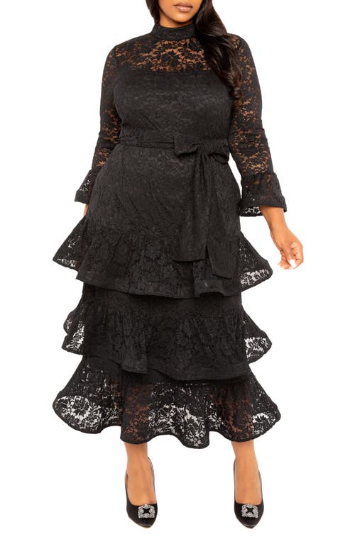 BUXOM COUTURE Tiered Lace Long Sleeve Maxi Dress in Black at Nordstrom, Size 3 X
