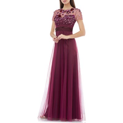 Js Collections Floral 3D Embellished Bodice Gown, Burgundy