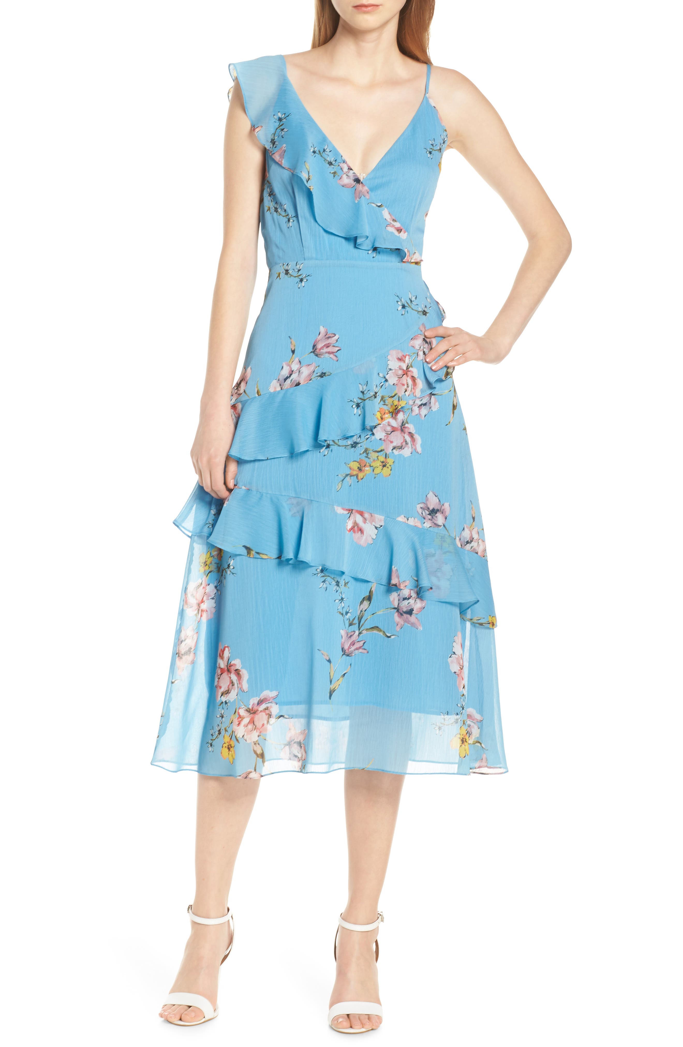 Avec Les Filles Painterly Boutique Ruffle Georgette Dress, Blue
