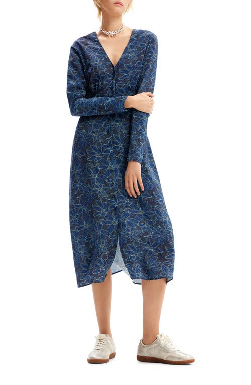 Floral Long Sleeve Midi Dress in Blue