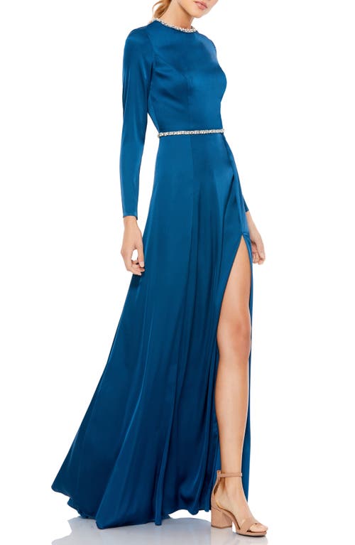 Ieena for Mac Duggal Long Sleeve Satin Gown in Sapphire Silver