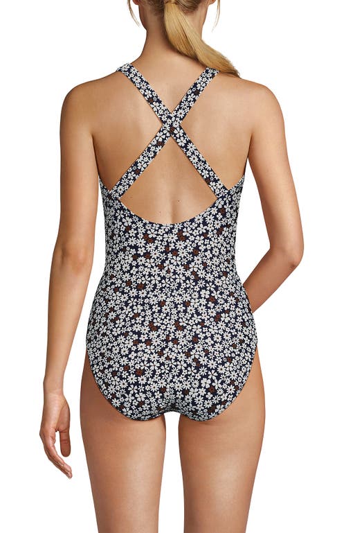 Shop Lands' End Chlorine Resistant Scoop Neck X-back High Leg Soft Cup Tugless Sporty One Piece Swimsuit In Deep Sea Navy Ditsy Floral