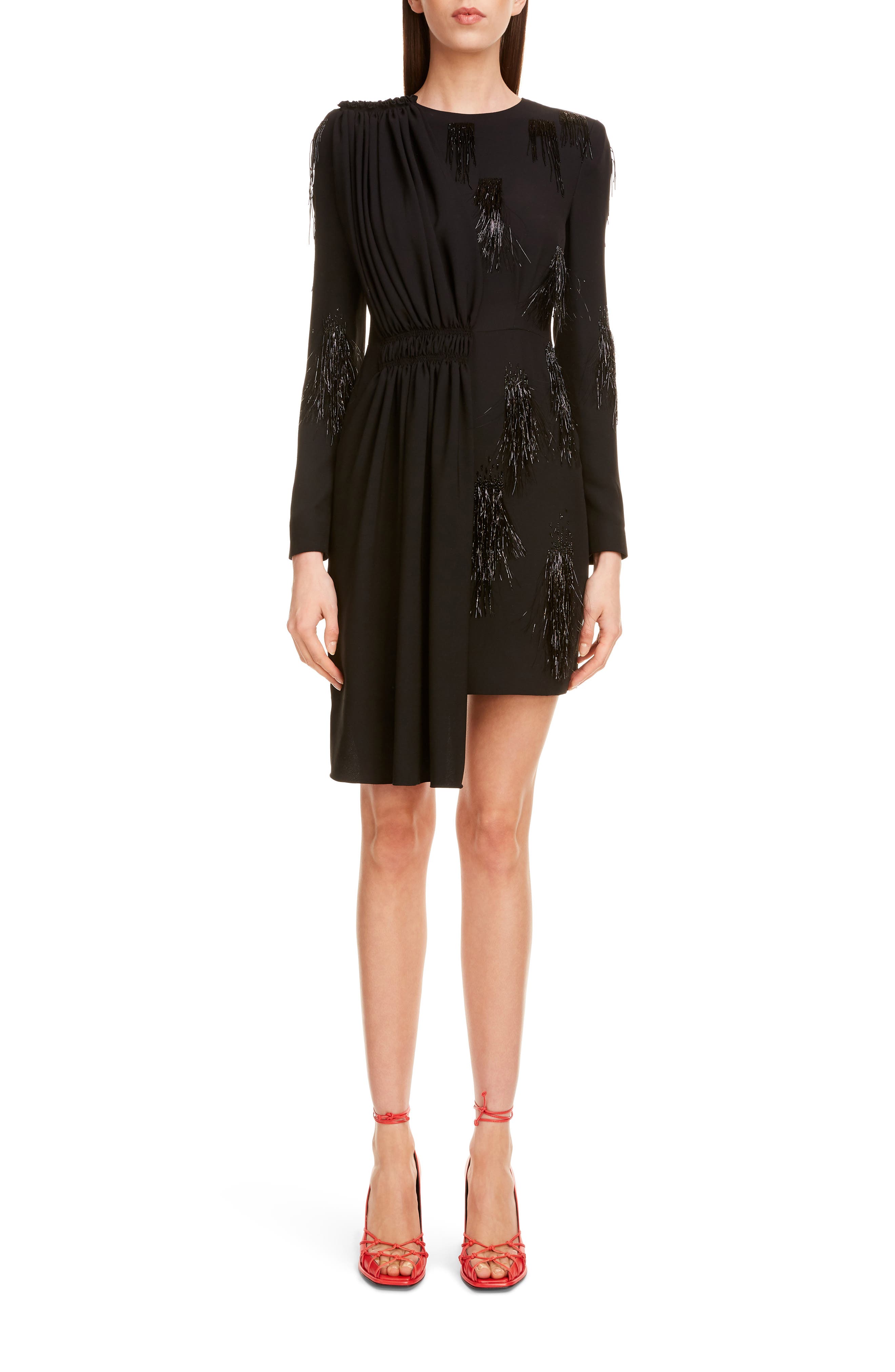 Givenchy Fringe Embellished Long Sleeve Asymmetrical Minidress In Black