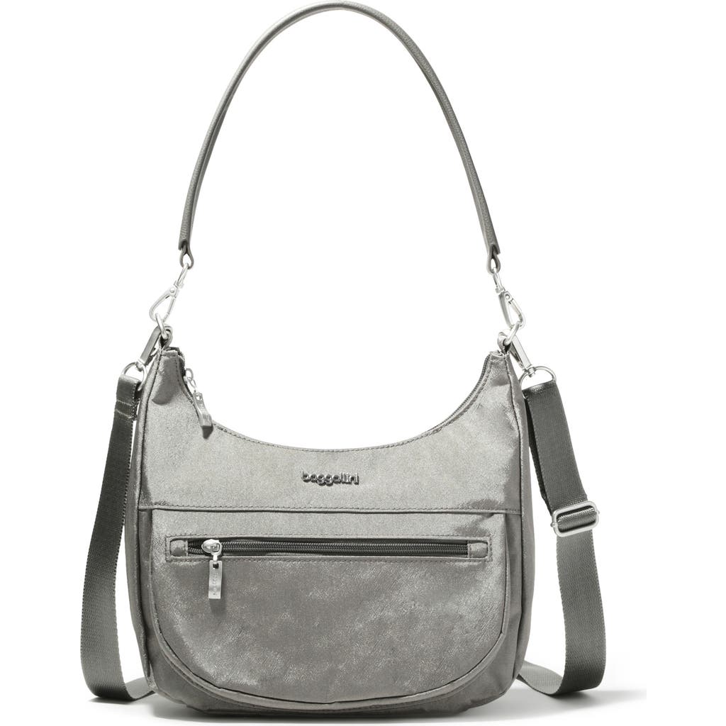 Baggallini Modern Pocket Half Moon Crossbody Shoulder Bag In Sterling Shimmer