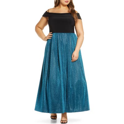 Plus Size Morgan & Co. Shimmer Pleat Cold Shoulder Gown, Black