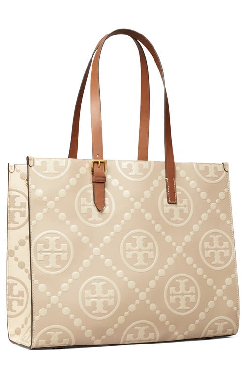 Tory Burch T Monogram Contrast Embossed Leather Tote In Longan/new Cream