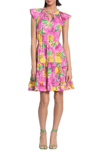 Shop Donna Morgan For Maggy Print Cap Sleeve Tiered Dress In Soft White/lemon Yellow