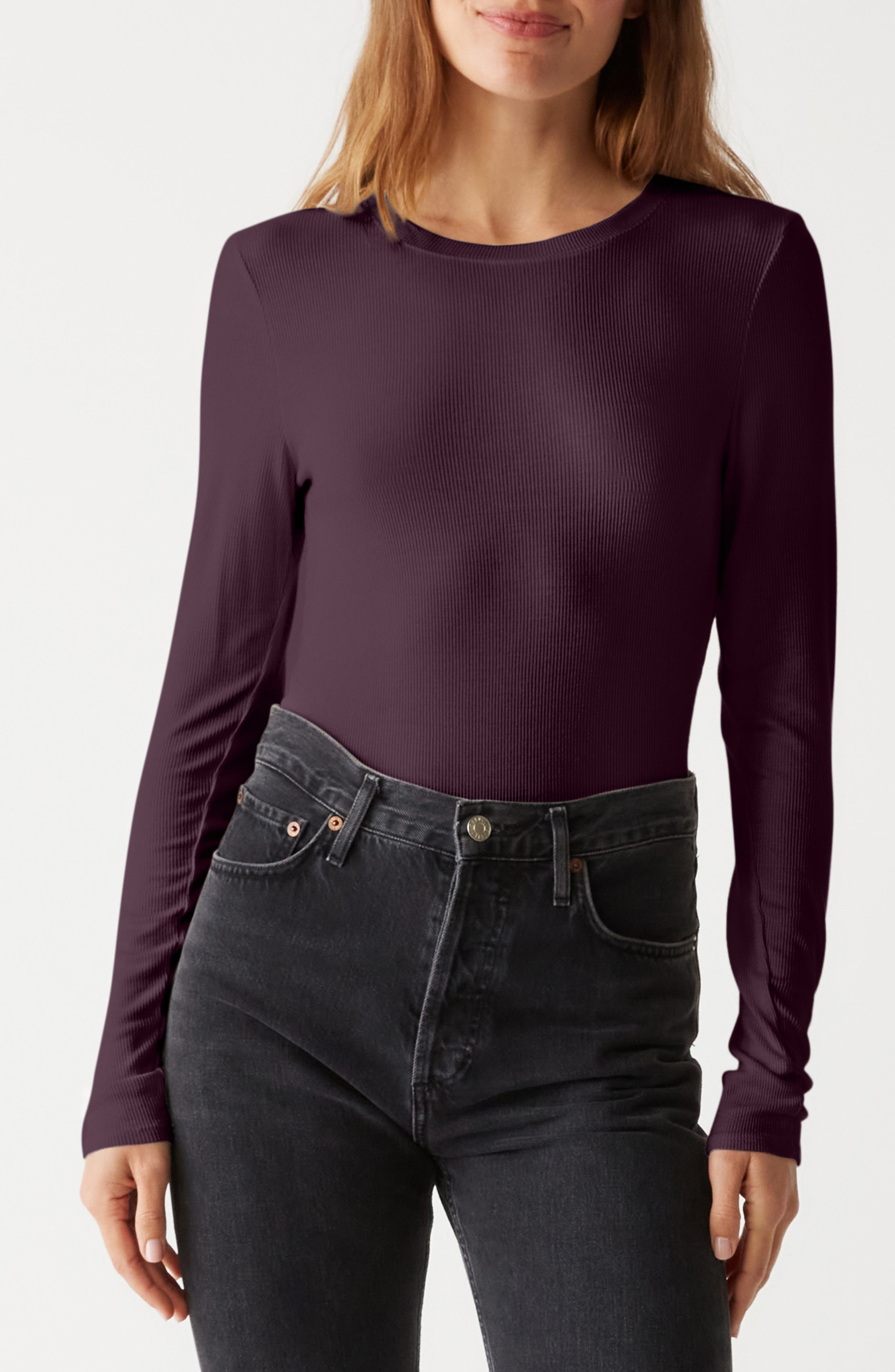 Michael Stars Finn Rib Crewneck Top in Beetroot 