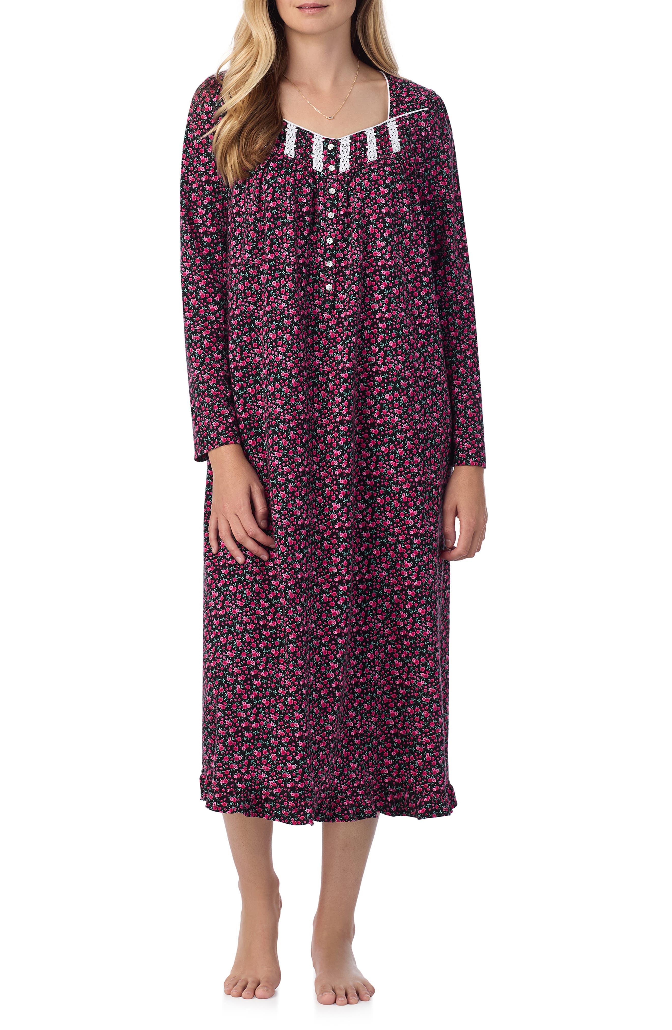 Eileen West Long Sleeve Cotton Jersey Nightgown in Black Floral 