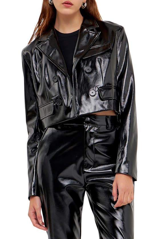 Grey Lab Shiny Faux Leather Crop Jacket In Black