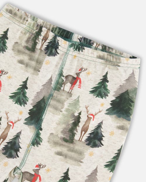 Shop Deux Par Deux Little Boy's Organic Cotton Two Piece Pajama Set Gray Mix And Green Printed Reindeer In Printed Christmas Deer