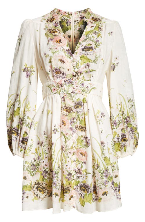 Shop Zimmermann Halliday Floral Long Sleeve Linen Minidress In Cream Multi Floral