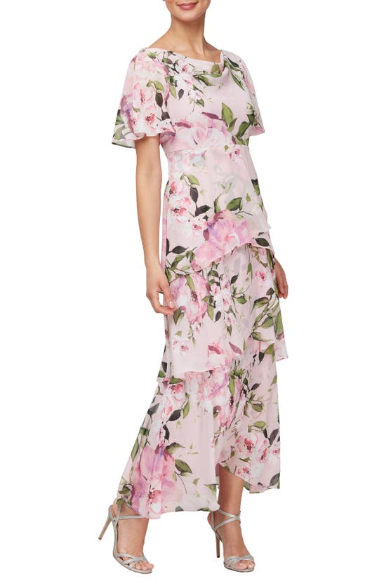 Shop Sl Fashions Floral Tiered Cocktail Dress In Blush Multi