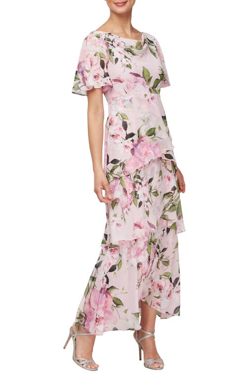 Floral Tiered Cocktail Dress in Blush Multi