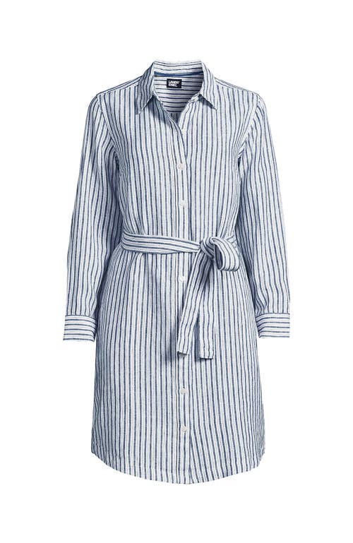 Shop Lands' End Linen Long Sleeve Button Front Shirt Dress In Evening Blue Stripe