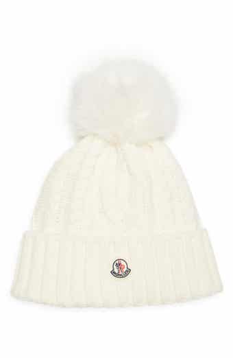 Moncler knit hat top with fur pom pom