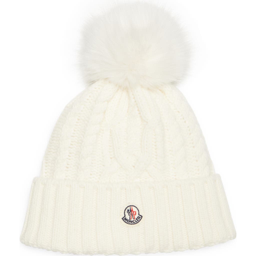 Moncler Virgin Wool & Cashmere Rib Beanie with Faux Fur Pompom in White