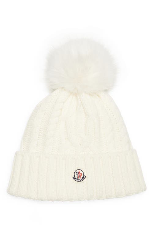 Moncler Virgin Wool & Cashmere Rib Beanie with Faux Fur Pompom in White