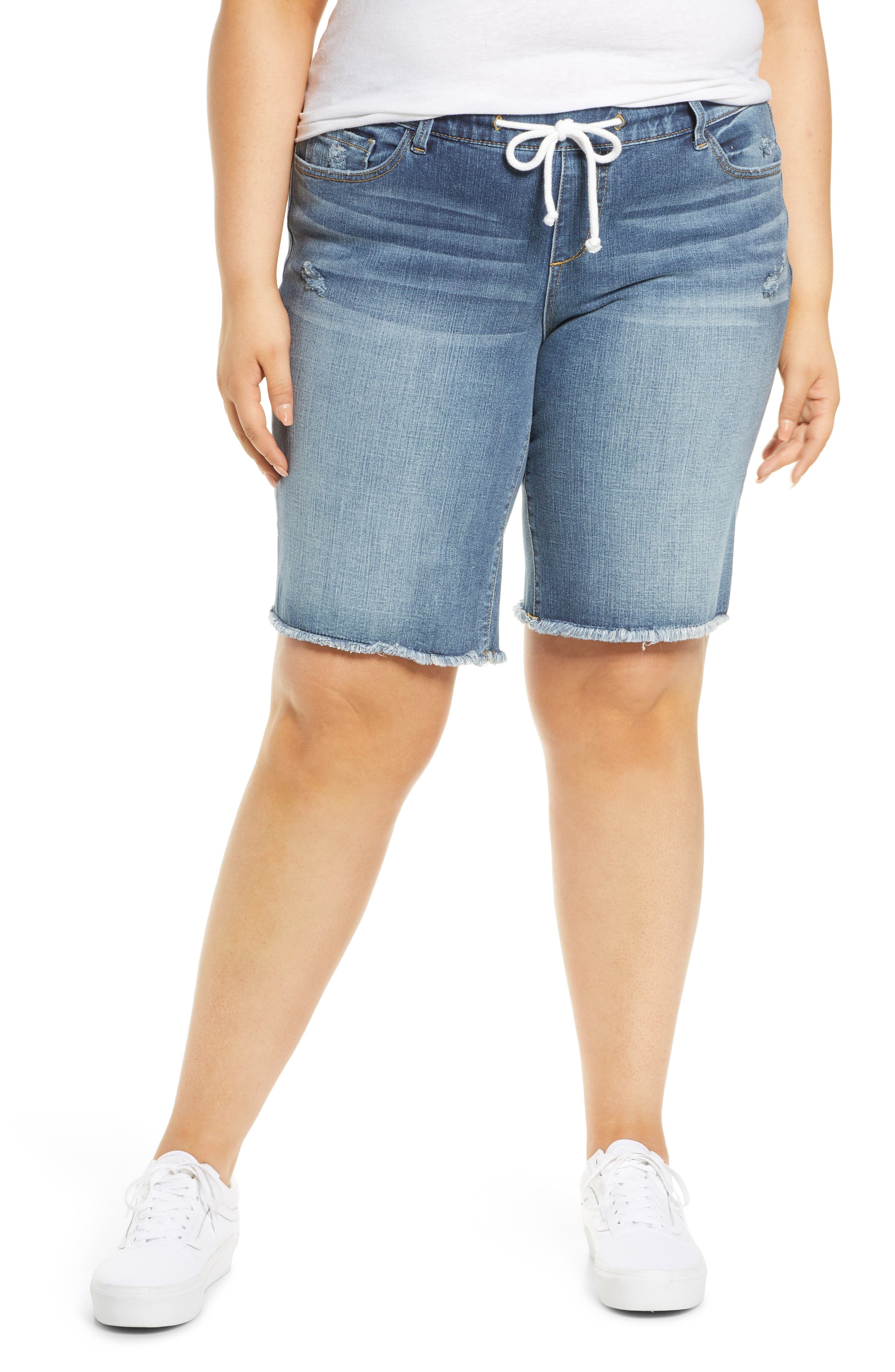 plus size distressed denim bermuda shorts