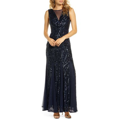 Morgan & Co. Sequin Mesh Godet Gown, Blue