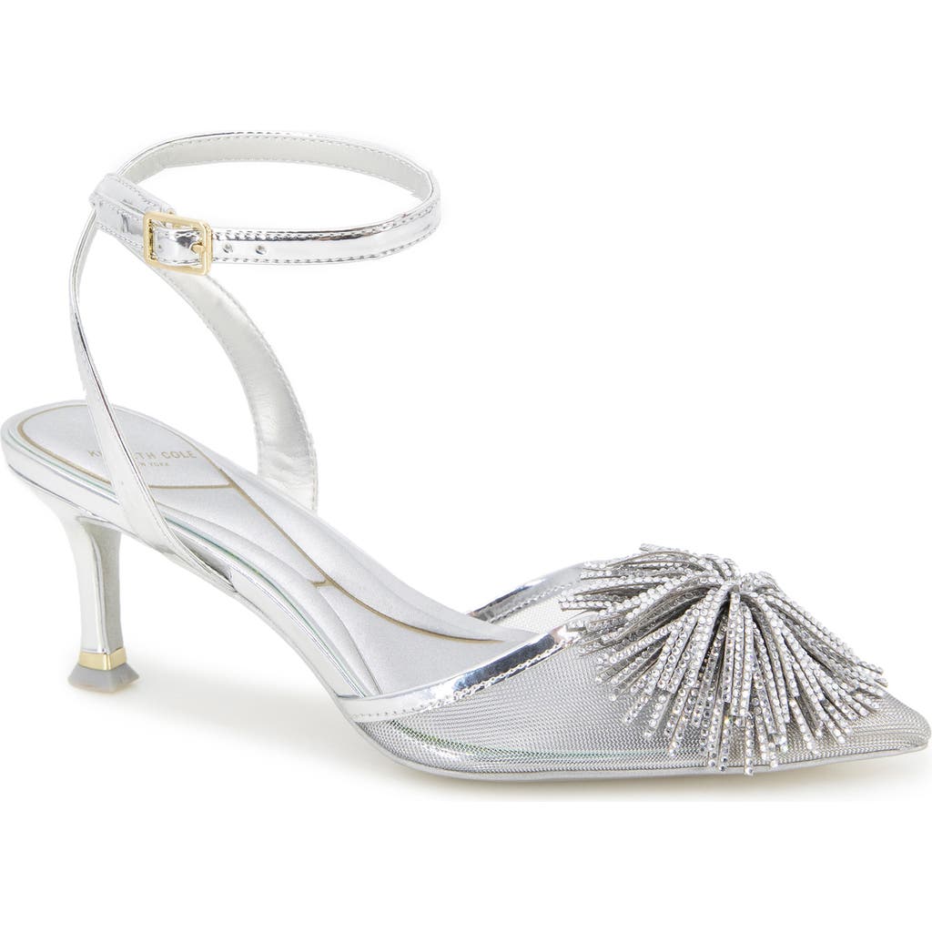 Kenneth Cole Umi Starburst Ankle Strap Pointed Toe Pump In Silver Mesh