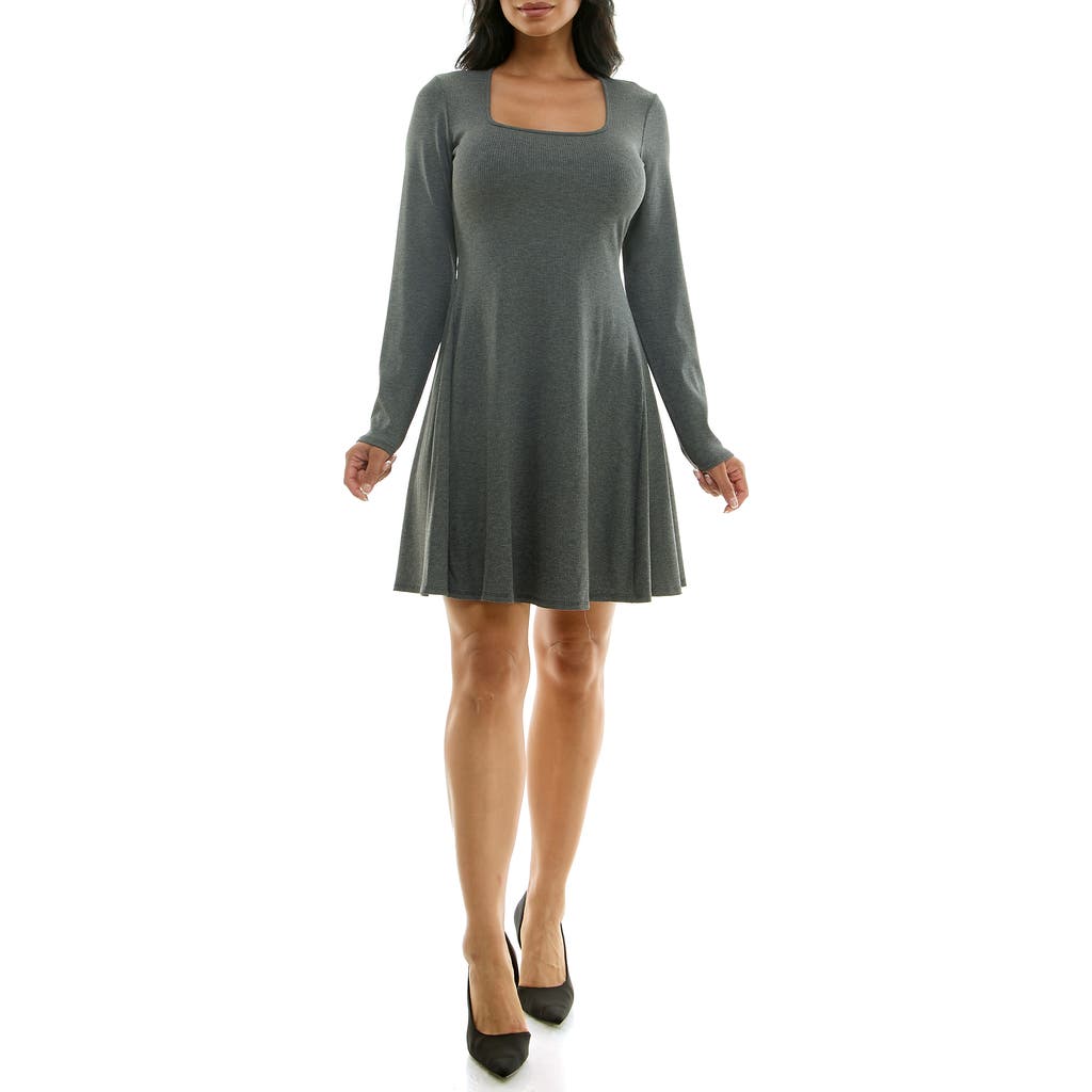 Bebe Long Sleeve Rib Godet Dress In Charcoal