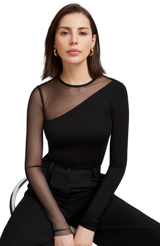 Marcella Milo Long Sleeve Mesh & Jersey Top In Black